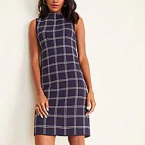 Ann Taylor Navy Blue Petite Windowpane Mock Neck Sleeveless Dress Size MP